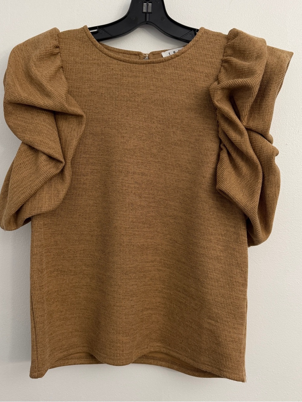 THML Rib Knit Puff Ruffle Sleeve Knit Top - Camel Brown